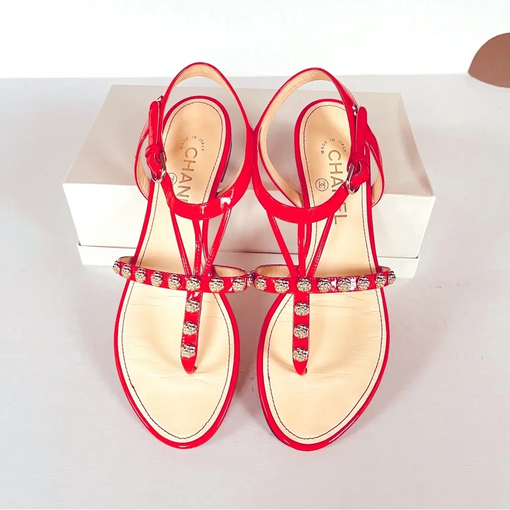 CHANEL coral red gold camellia studded flat sandals 38